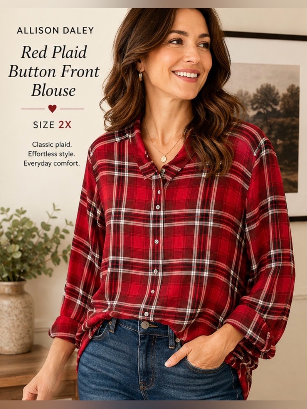 Red Plaid Button Front Blouse Plus Size 2X